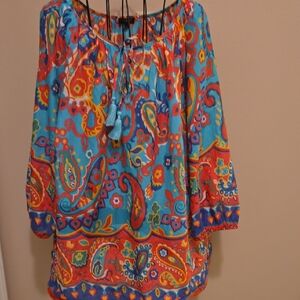 Talbots Blue and Orange 3/4 Sleeve Tie Front Blouse 2X